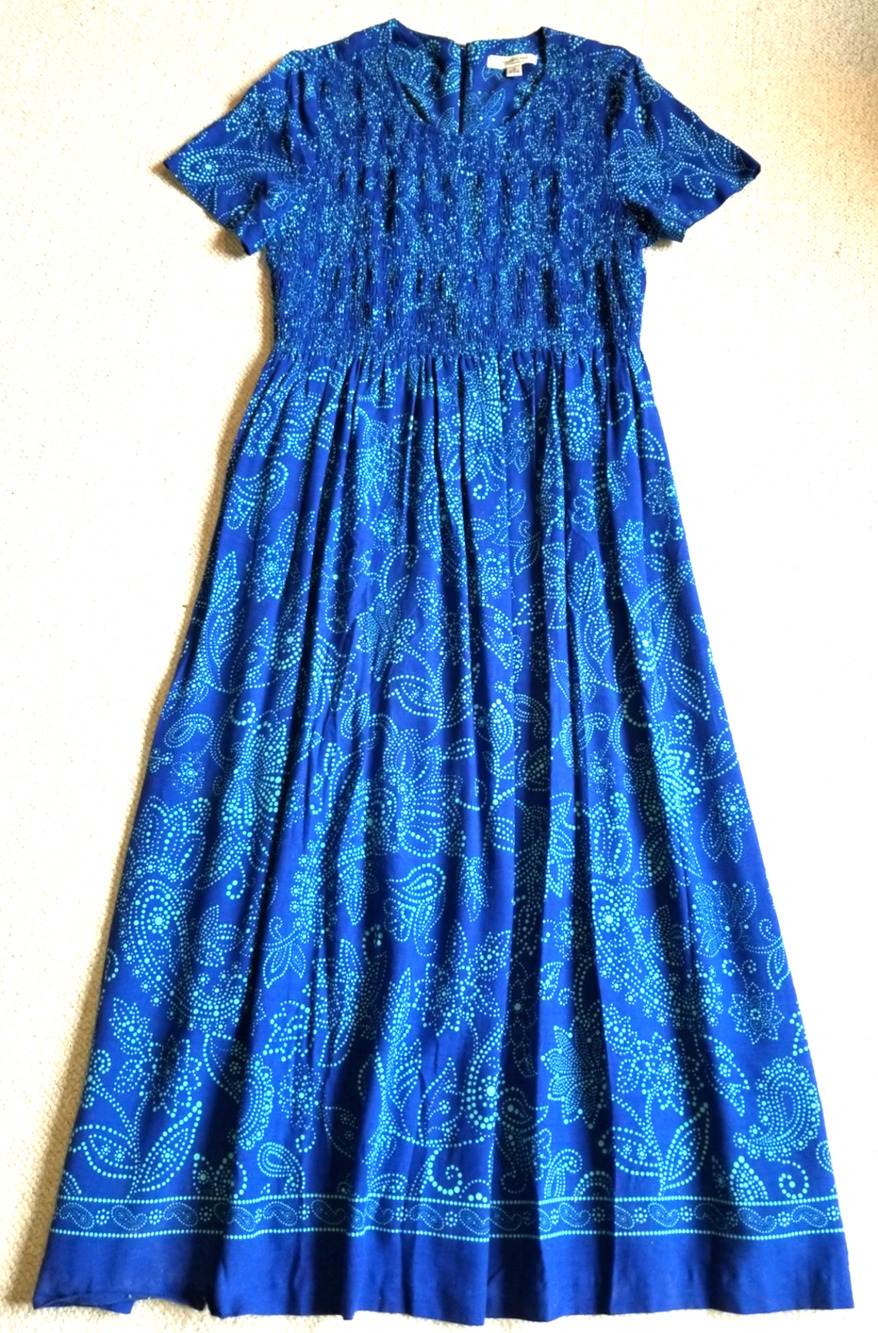 VINTAGE Womens Dress-COLDWATER CREEK-blue floral smocked maxi Cottagecore-16